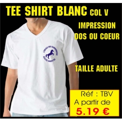 Réf. TBV - Tee shirt Blanc col V - impression 1 couleur - COEUR ou DOS